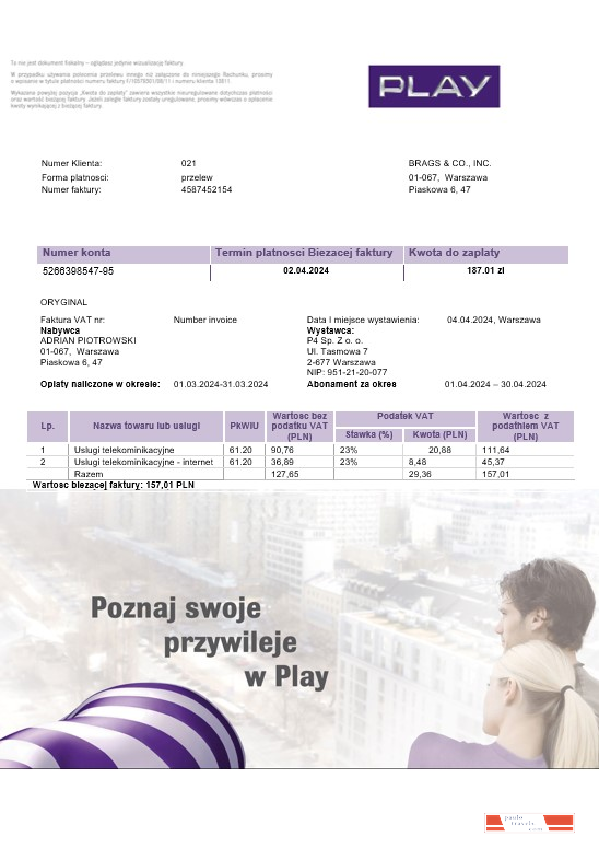 Poland Play business utility bill template in Word and PDF format